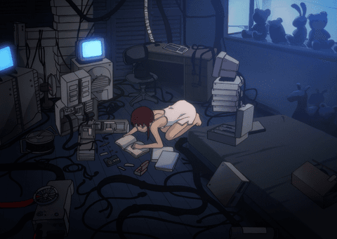 Lain reading a book on the floor while surrounded by her supercomputer